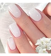 Press On Nails Short, SHOWMORE Milky White Gel Jelly Fake Nails Medium Square Nude Translucent Na...