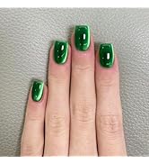 Green Press on Nails Short Square Fake Nails - Cat Eye Acrylic Nails Solid Color Translucent Nail...