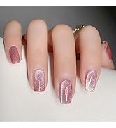 24Pcs Cat Eye Press on Nails Medium Fake Nails Square Acrylic Nails Rose Red Full Cover False Nai...