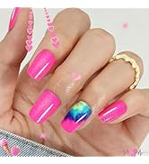 Summer Press On Nails Short, SHOWMORE Hot Pink Fake Nails Medium Square Bright Glue On Nails Tie ...