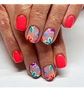 Press on Nails Short Square Fake Nails with Colorful Flowers Designs Orange Red Full Cover Acryli...