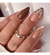 Fall Almond Press on Nails Medium Fake Nails with Leaf Glitter Designs False Nails Acrylic Nails ...