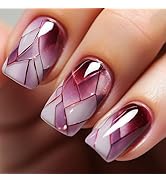 Press on Nails Medium Short Fake Nails with Gold Line Designs Purple & White Full Cover Acrylic N...