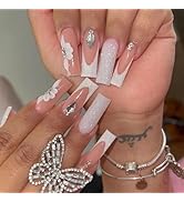 24 Pcs Pink Press on Nails Long Coffin Square - SHANRUN French Rhinestone Charms Glitter Fake Nai...