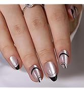 Almond Press on Nails Short Cat Eye Fake Nails Black French Tips False Nails with Designs Curve L...