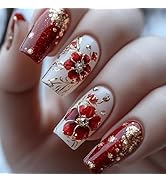 24Pcs Red Flower Press on Nails Medium Square Fake Nails Floral Gold Foil with Rhinestones Glitte...