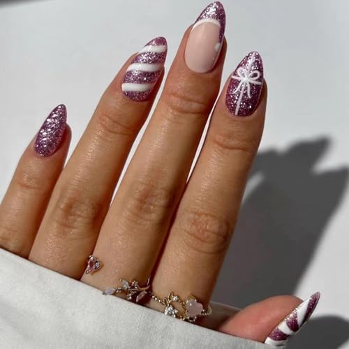 Christmas Press on Nails Medium Almond Fake Nails with Purple Glitter Design Santa Hat Glue on Nails Lilac White Stripes Gift Stick on Nail Glossy French tips False Nail Winter Nail for Women
