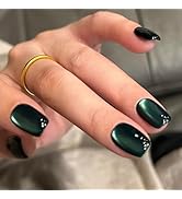 30 Pcs Cat Eye Press on Nails Short Square Fake Nails Dark Green Acrylic Nails Glitter Glossy Glu...