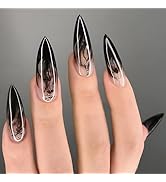 24 Pcs Mermaids Press on Nails Glossy Black Ink Gradient Acrylic False Nails Long Stiletto Fake N...
