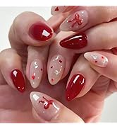 24Pcs Almond Press on Nails 3D Bow Fake Nails Valentines Design Red Heart Glue on Nails Medium Le...