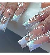 24 Pcs Long Press on Nails White French Tips Fake Nails Butterfly Rhinestone Full Cover Nails Tip...