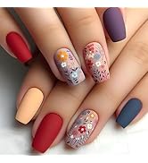 Flower Press on Nails Spring Medium Fake Nails Daisy Glue on Nails Square Shape Acrylic Nails Cut...