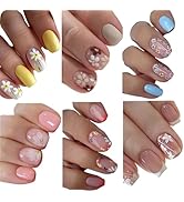 6 Packs (144 Pcs) Flower Press On Nails Short Square Press on Nails Colorful Floral Glue On Nails...
