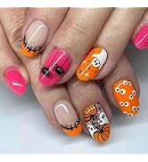 Halloween Press on Nails Short Almond Fake Nails Pink Orange False Nails with Designs French Tip ...