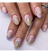 Flowers Press on Nails Medium Almond Fake Nail with Floral Designs Lavender Daisy False Nails Pur...