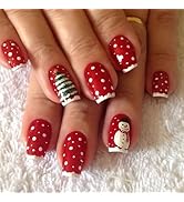 Christmas Press on Nails Short Square Fake Nails Red False Nails with Designs Christmas Tree Snow...