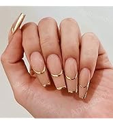 Apictseoo 24 Pcs Nude Press on Nails Long, Gold stripes French Tips Fake Nails,12 Sizes, Acrylic ...