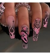 Halloween Press on Nails Long Coffin Fake Nails Pink Glitter False Nails with Designs Cute Ghost ...