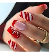 Christmas Press on Nails Medium Square Fake Nails Snowflake False Nails with Design Red Strip Gli...