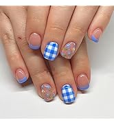 Cute Press on Nails Square Fake Nails with Bee and Flower Designs Stick on Nails Full Cover Blue ...