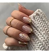 Gold French Tip Press on Nails Medium Fake Nails Almond False Nail Tips Gold Glitter Artificial N...