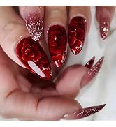 Tyuimhx Red Flower Press On Nails - Medium Almond Glitter False Nails, 24 Pcs