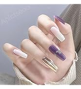 Apictseoo 24 Pcs Press on Nails Medium Long False Nails Gold purple white French Designs Coffin F...