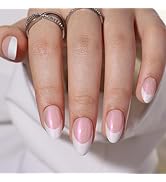 French Tip Press on Nails Medium Almond Fake Nails with Designs Chrome White Nail Tips Cute Full ...