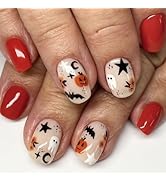 Halloween Press on Nails Short Square Fake Nails Red False Nails with Designs Spider Ghost Pumpki...