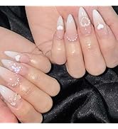 Nude Pink Press on Nails Medium Almond RIICFDD Gradient Fake Nails with Cute Bear Charm Heart-Sha...