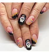 Halloween Press on Nails Short Square Fake Nails Black&Pink False Nails with Design Cute Skull Gl...