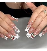 Long Square French Tip Press on Nails with Diamond Cherry Bow Pearl Design Fake Nails Convenient ...