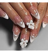 LPOODDNU Almond Press on Nails White French Tip Fake Nails Medium Length Acrylic Nails Press ons ...