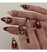 24 Pcs Claret Press on Nails Short Almond - SHANRUN 5D Cross Rhinestones Charms Fake Nails French...