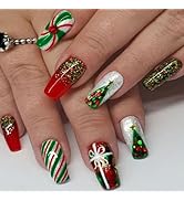 Christmas Press on Nails Medium Square Fake Nails Coffin Acrylic False Nails with Designs Rhinest...