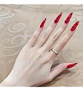 Long Stiletto Press on Nails Almond Fake Nails Red False Nails with Glossy Acrylic Nails Full Cov...