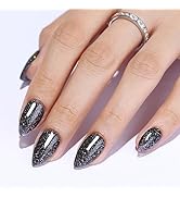 Press On Nails Short Almond, SHOWMORE Black Glitter Shimmer Acrylic Fake Nails Medium Galaxy Glue...