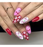 24Pcs Spring Press on Nails Medium Almond Fake Nails with Cherry Designs Pink Flower Acrylic Nail...
