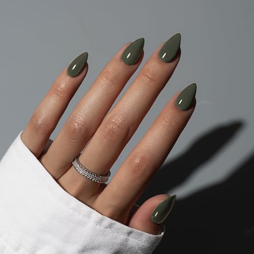 KQueenest Olive Green Press On Nails Short - Acrylic Press On Nails Almond, Sheer Fake Nails Moss Green, Glossy Opaque, Stiletto Reusable Soft Gel Glue on Nails for Women Fall Winter, 30 Pcs