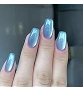 Cat Eye Press on Nails Medium Square Fake Nails Blue Glossy Acrylic Fake Nails Glitter Glue on Na...
