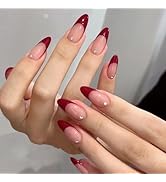 Red French Tip Press on Nails Almond Medium Fake Nails French Nails Press ons Full Cover Acrylic ...