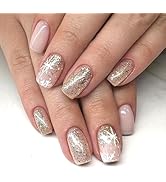 Christmas Press on Nails Short Square Fake Nails Nude Full Cover False Nails with Champagne Glitt...