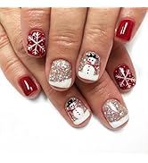 Christmas Press on Nails Short Square Fake Nails Cute Snowman Snowflake False with Designs Shiny ...