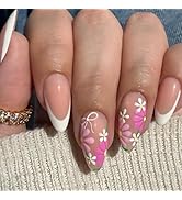 Tyuimhx Flowers Press on Nails Medium Almond Fake Nail with bow Designs White French Tip False Na...