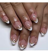 Almond Press on Nails Short White French Tip Fake Nails with Chrome Gold Line Designs Glossy Full...