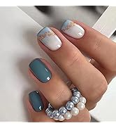 RTKHFZE Blue Press on Nails Short Square Fake Nails Glossy Glue on Nails Full Cover White False N...