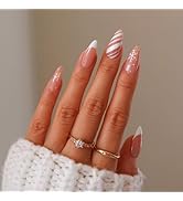 Christmas Press on Nails Medium Almond Fake Nails with White French Designs Snowflake Stripe Glue...