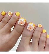 24Pcs Spring Flower Press on Toenails Short Square Nails Yellow Fake Toenails with Daisy Designs ...