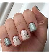 24 Pcs Press on Nails Short Square Fake Nails Elegant Lake Green False Nail Tips with Leaf Design...