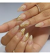 Almond Shaped Press on Nails Short Chrome Gold Fake Nails with Designs French Tip Acrylic Nails M...